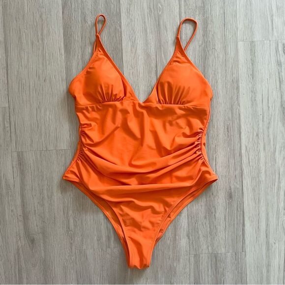 One Piece Swimsuit Bathing Suit V-Neck Draped Orange L - Picture 2 of 6